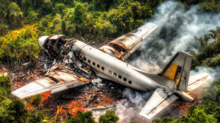 Aerial view of a crashed plane in a dense forest, surrounded by smoke and debris, with a focus on the wreckage and natural surroundings.