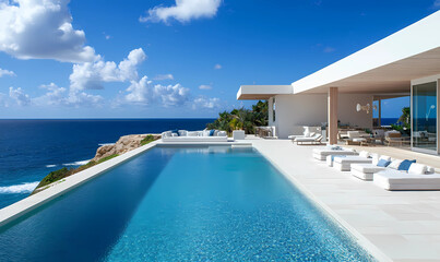 Fototapeta premium Pristine White-Tiled Pool with Sparkling Ocean Views, Creating a Relaxing and Luxurious Outdoor Escape
