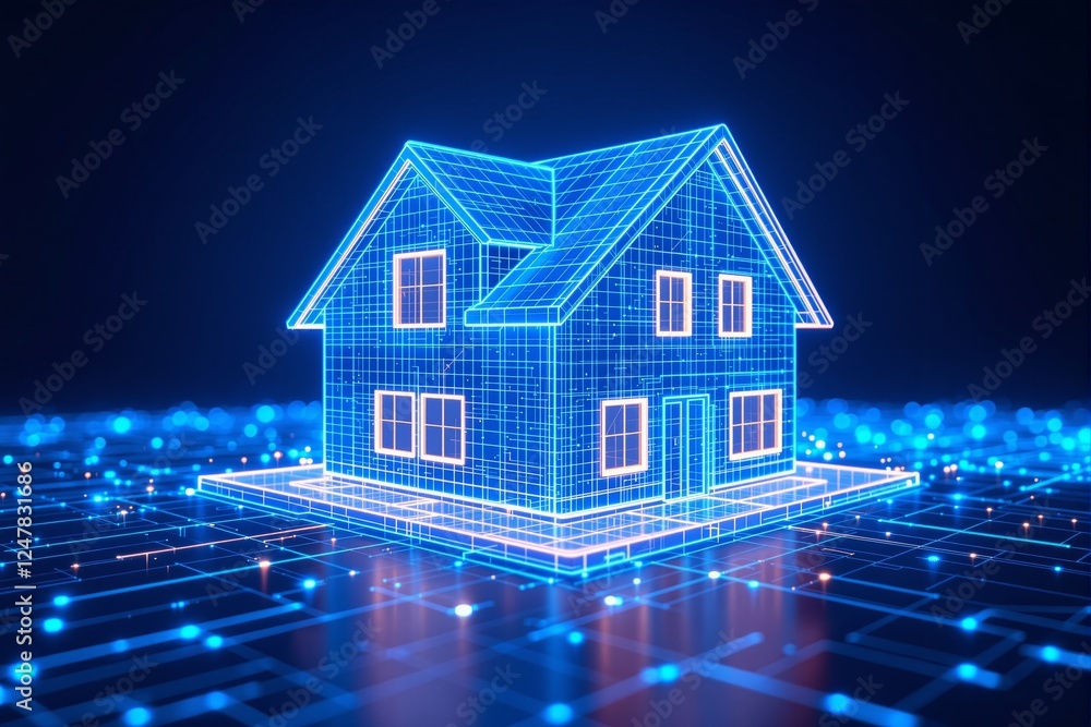 Poster digital house hologram with glowing blue grid structure on a circuit board background. concept of sm