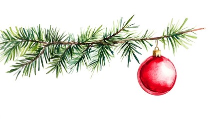 Watercolor painting of a pine branch with a red ornament