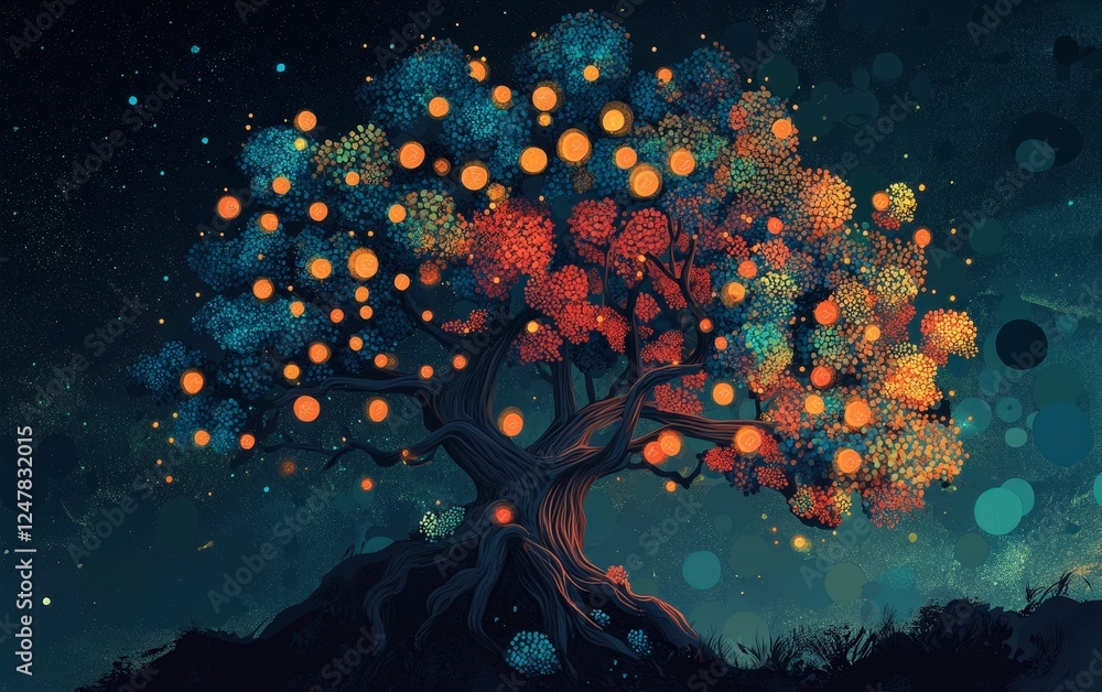 Poster vibrant tree with colorful abstract patterns and starry background