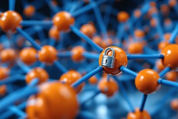 Molecular network with orange spheres and blue rods, featuring a metallic padlock on one node. Futuristic concept of digital security and data protection. Ai generative