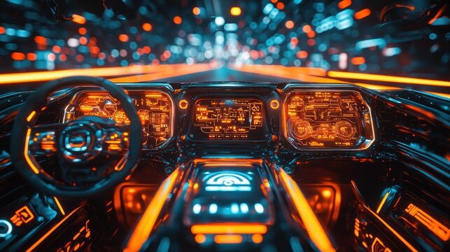 Futuristic car interior, night drive, city lights, dashboard display