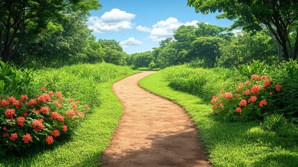 Serene Winding Path Lush Foliage Summer Day Tranquil Nature Scene Peaceful Forest Trail