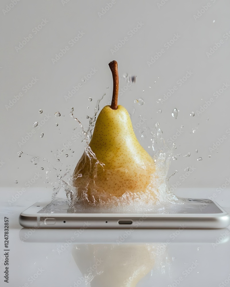 Poster a pear splashes into water atop a smartphone, creating a dynamic scene of freshness and technology