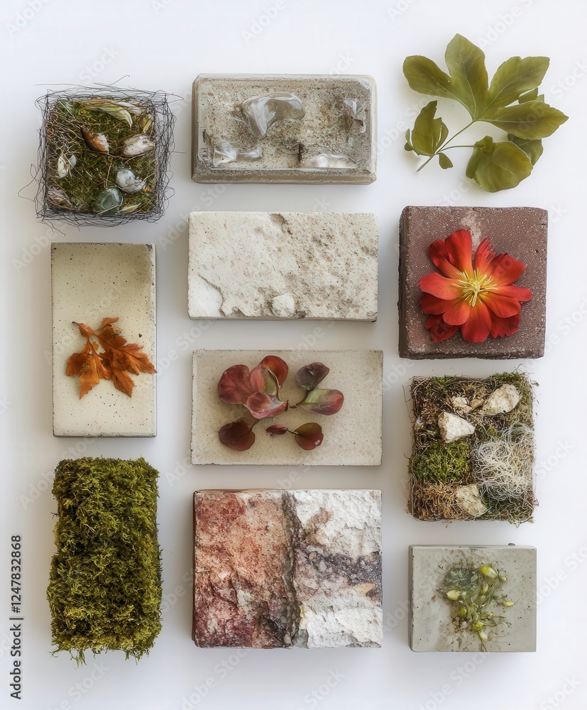 Poster creative display of natural elements in artistic blocks arrangement