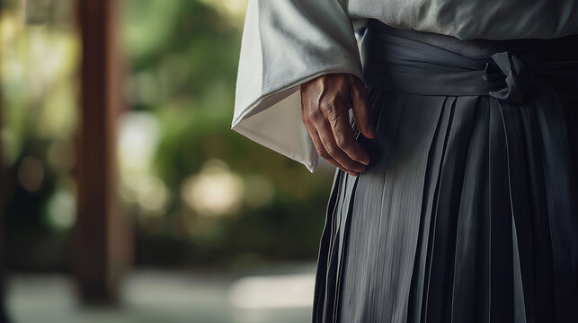 A detailed close-up of a man wearing a hakama during a formal tea ceremony, the gentle folds of the fabric contrasting with the serene, minimalist surroundings