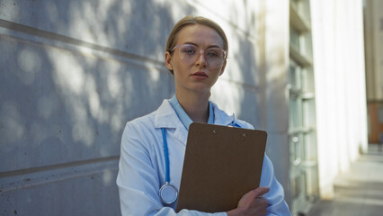 Fototapeta premium Confident woman doctor standing outside hospital wearing glasses holding clipboard in urban setting with sunlight casting shadows softly on the concrete wall behind her