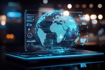 Fototapeta premium Cutting-edge translator platform, holograms provide live speech translation for global audience interaction.