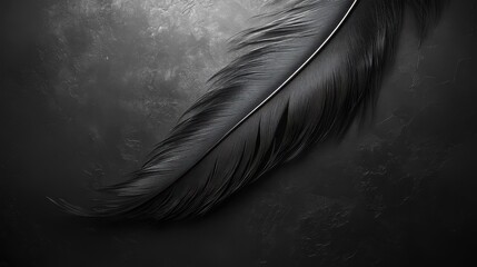 Obraz premium Single black feather on dark surface. Perfect for somber themes, elegance, or mystery designs.