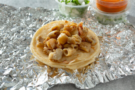 A view of a tripa street taco.