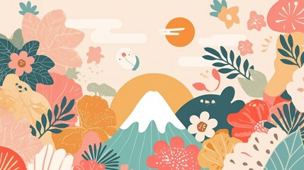 Obraz premium Pastel Floral Mountainscape, A serene and stylized nature scene