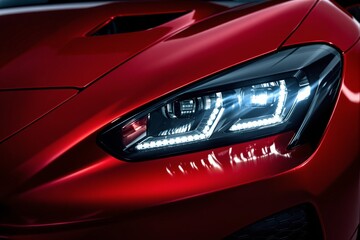 Close-up of a red sports car's headlight with illuminated LED details, showcasing modern design and sleek curves on a glossy surface. Ai generative