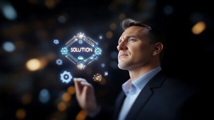 Businessman contemplating innovative solutions with digital interface in modern office setting