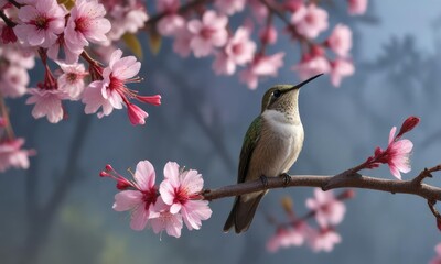 Hummingbird perched on the edge of a branch with a few blooming cherry blossoms behind it, pink petals, blossom