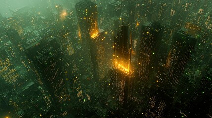 Obraz premium Futuristic city at night, aerial view, glowing buildings, smog