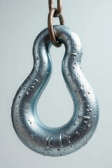 Obraz premium A glistening metallic loop, suspended from a chain, displays water droplets clinging to its smooth, curved surface.