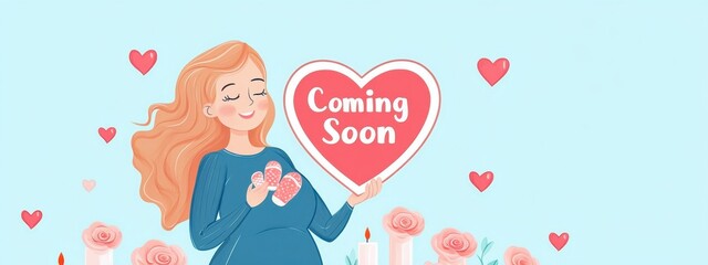 Happy Expecting Mother with Heart Sign and Roses Illustrating a Joyful Announcement of a New Arrival