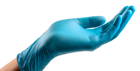 open palm hand with blue rubber glove isolated on white background