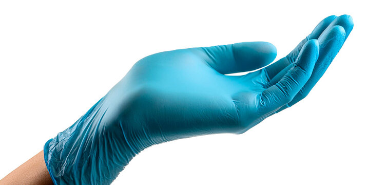 open palm hand with blue rubber glove isolated on white background
