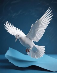 Obraz premium Intricately designed paper white dove soaring on blue paper, artistry, soft color palette, inspirational imagery, dove shape, creative hobby