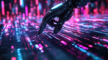 AI Robotic Hand Interacting with Holographic Binary Data Stream Futuristic Technology, Artificial Intelligence, Digital Transformation, Machine Learning, Robotic Manipulation, Holographic Projection