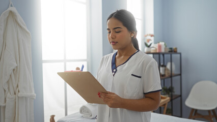 Woman writing notes on clipboard in clinic room, wearing uniform, standing near window, focused...