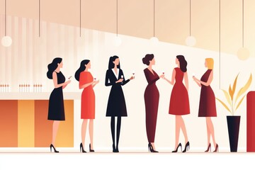 Fototapeta premium Elegant Women Socializing at a Modern Lounge with Drinks and Stylish Attire in a Chic Atmosphere
