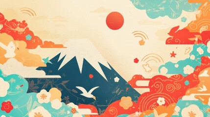 Whimsical rendition of a Japanese landscape with Mount Fuji and motifs