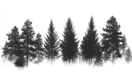 Obraz premium Silhouette of pine trees on misty mountain