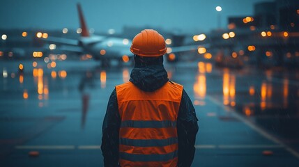 A worker in an orange vest and hard hat stands on the airport runway, with lights reflecting off their jacket