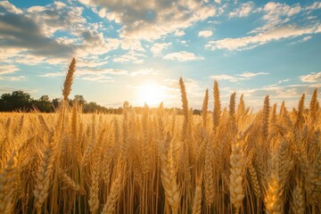 Golden wheat field at sunset, backlit. Perfect for agriculture, harvest, and food themes.