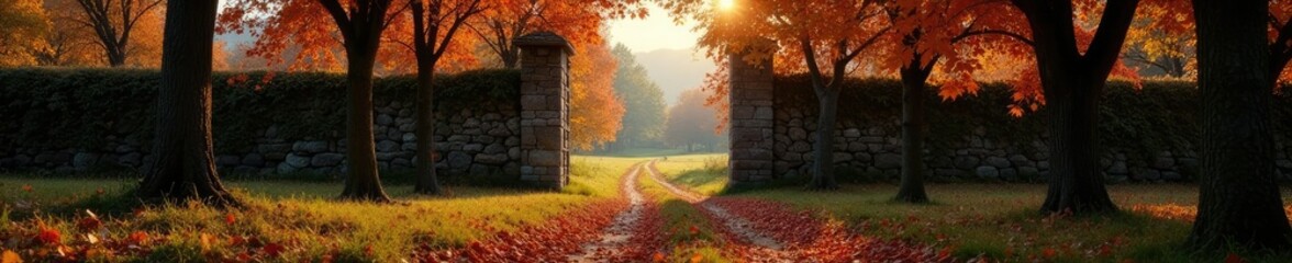 Fototapeta premium La porte de Clos vignes ouverte sur un paysage de feuilles mortes, paysage, nature, lumi?re faible