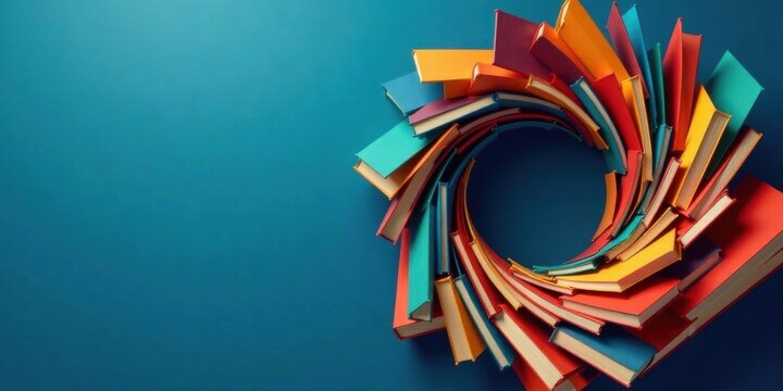 A vibrant collection of colorful books arranged in a dynamic circular pattern, creating a captivating visual representation of knowledge and learning opportunities.