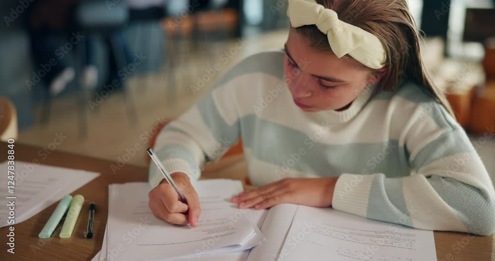 Poster study, girl and writing on paper in home for homework assignment, assessment notes and learning. stu