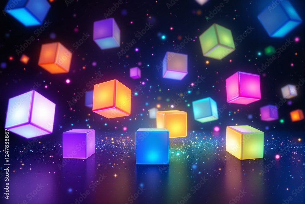 Poster colorful glowing cubes floating in a cosmic space with sparkling lights, creating a futuristic and c