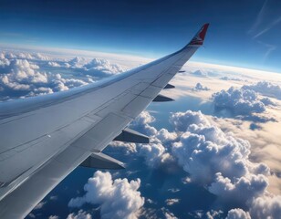 Obraz premium Long exposure photo of airplane wing against clear blue sky with few high-level clouds , clear blue sky, flight