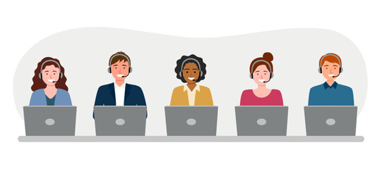 Call center customer care operators with headsets at the desk. Customer support service agents, men and women, talking with clients. Contact center assistants.