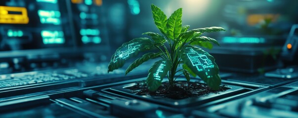 Close-up of a Sprouting Plant with 3D Holographic Economic Projections Global Financial Trends, Growth, and Sustainability Visualized This image depicts a seedling surrounded by holographic data