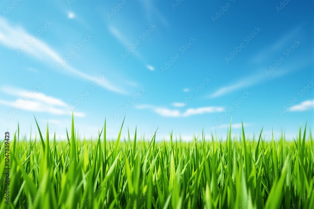 Poster lush green grass in sharp focus with a bright blue sky and soft clouds in the background. a creative