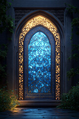 Illustration of an ancient mosque entrance archway, reminiscent of ornately decorated Moroccan and Arabian architecture, giving it a sense of mystery and wonder.