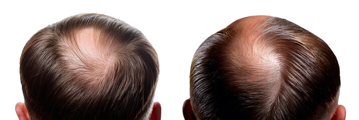 Fototapeta premium top of head area of baldness or hair loss on man isolated on white background