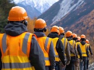 Construction Crew Teamwork Safety First Image showcasing a team of construction workers wearing hard hats, high-visibility vests, and communication devices, emphasizing collaborative safety measures