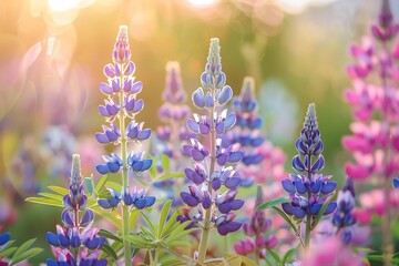 Obraz premium Flowers blooming in the field at sunset, close up