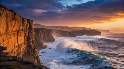 Fototapeta premium Panoramic Seascape: Majestic Cliff Captain Waves Epic Ocean Sunset