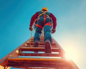 Construction worker ascending a ladder, demonstrating exemplary fall protection practices with a secured harness prioritizing safety protocols on a construction site This image showcases the