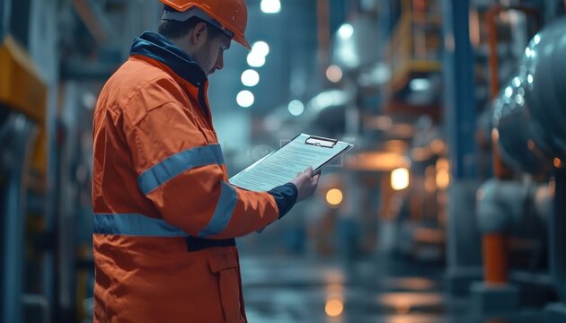 Construction worker diligently checks safety regulations on clipboard, ensuring full compliance with OSHA and legal safety standards, mitigating workplace risks and promoting a culture of safety on