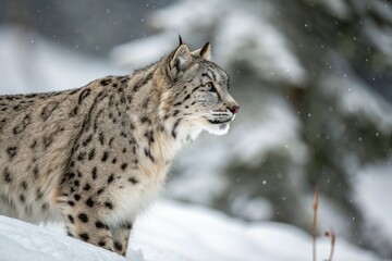 Obraz premium Lynx's spotted fur with gray and brown tones against the snowy background, natural surroundings, big cat, lynx coat, lynx fur