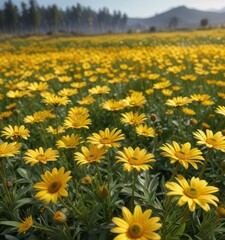 Obraz premium Field of vibrant yellow daisies dancing in the wind, vibrant yellow flowers, sunlight