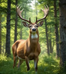 Fototapeta premium Majestic white tailed deer buck with velvet antlers in lush green summer forest, wildlife, deer, buck, summer